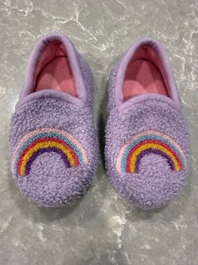 wonder nation Purple Fuzzy Kids Slippers with Rainbow Embroidery